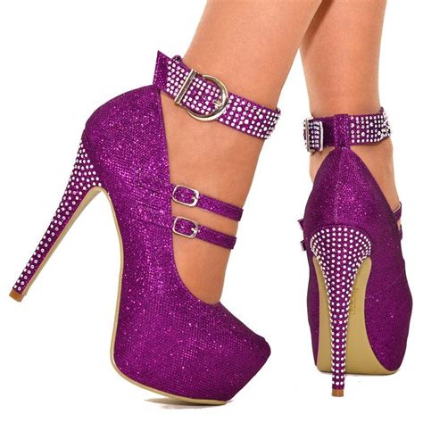 purple high heels with strap.